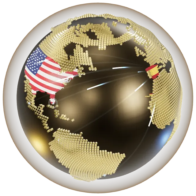 Globo terráqueo dorado con España y Estados Unidos destacados con sus banderas