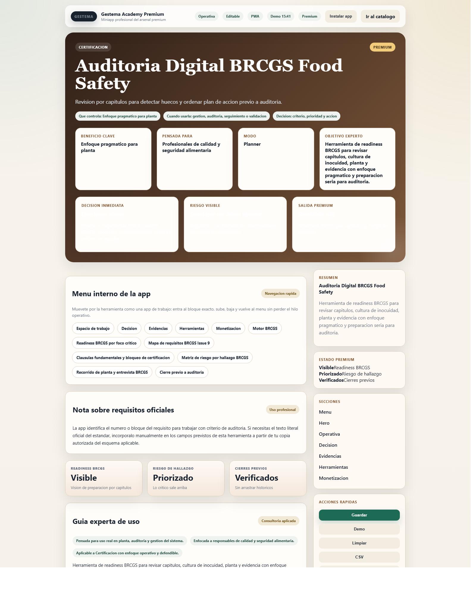 Vista comercial de Auditor&iacute;a Digital BRCGS Food Safety