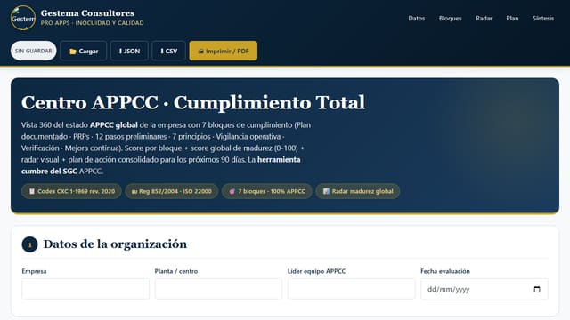 Captura de pantalla de Centro APPCC · Cumplimiento Total