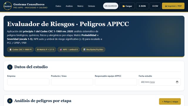 Captura de pantalla de Evaluador de Riesgos · Peligros APPCC