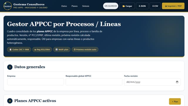 Captura de pantalla de Gestor APPCC por Procesos / Líneas