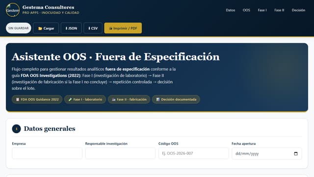 Captura de pantalla de Asistente OOS · Fuera de Especificación