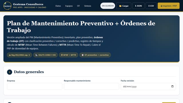Captura de pantalla de Plan Mantenimiento Preventivo + OT