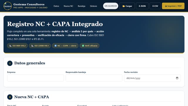 Captura de pantalla de Registro NC + CAPA Integrado