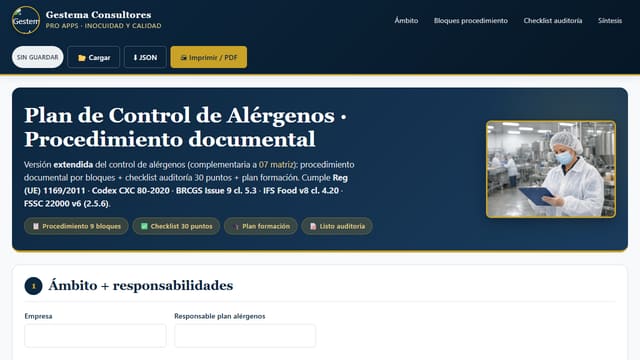 Captura de pantalla de Plan Control Alérgenos · Procedimiento