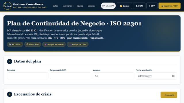Captura de pantalla de Plan de Continuidad de Negocio · BCP