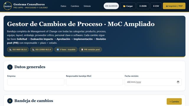 Captura de pantalla de Gestor Cambios Proceso · MoC Ampliado